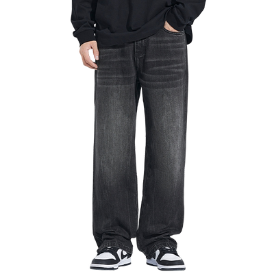 美式直筒黑色加绒加厚牛仔裤男