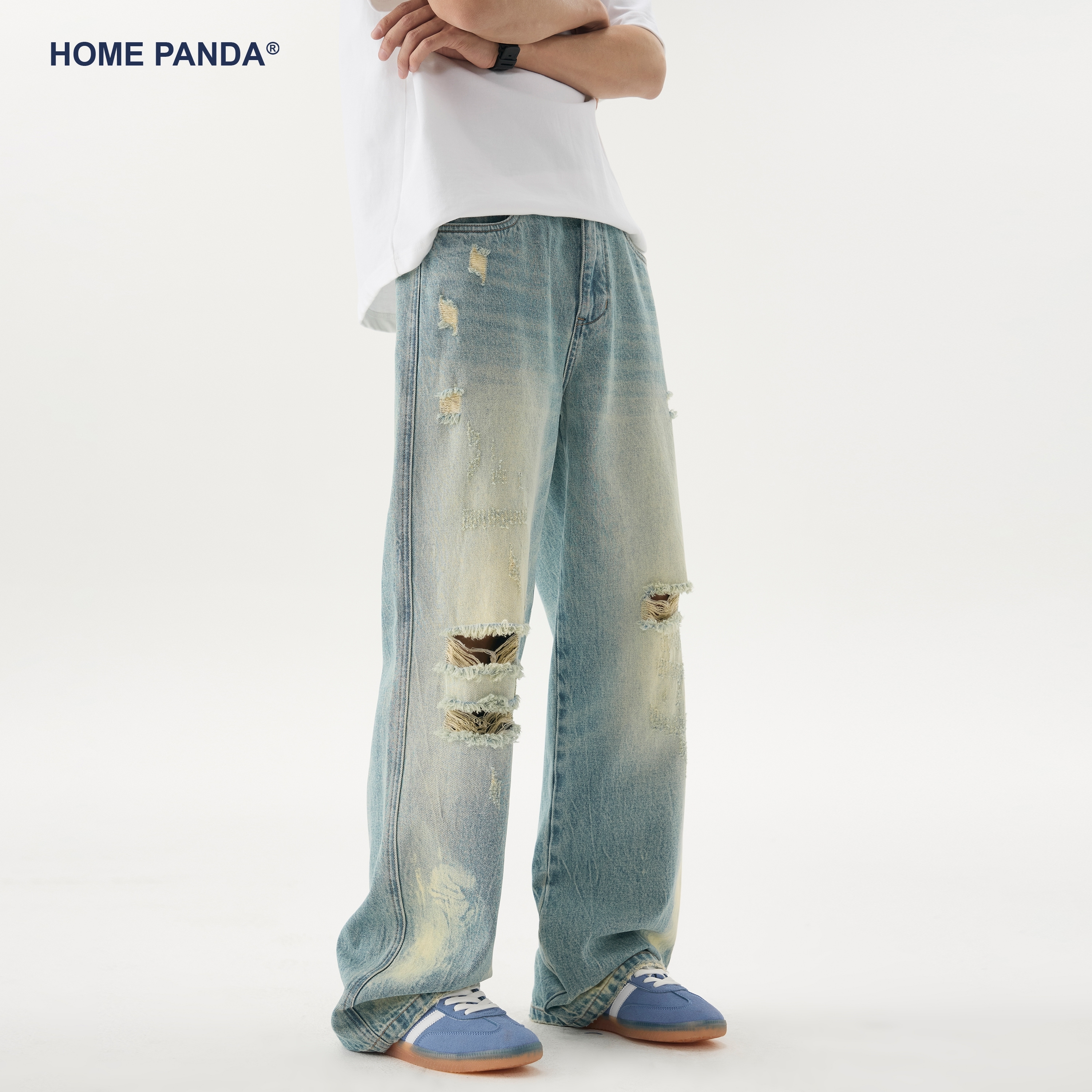 HomePanda重工水洗破洞牛仔裤男