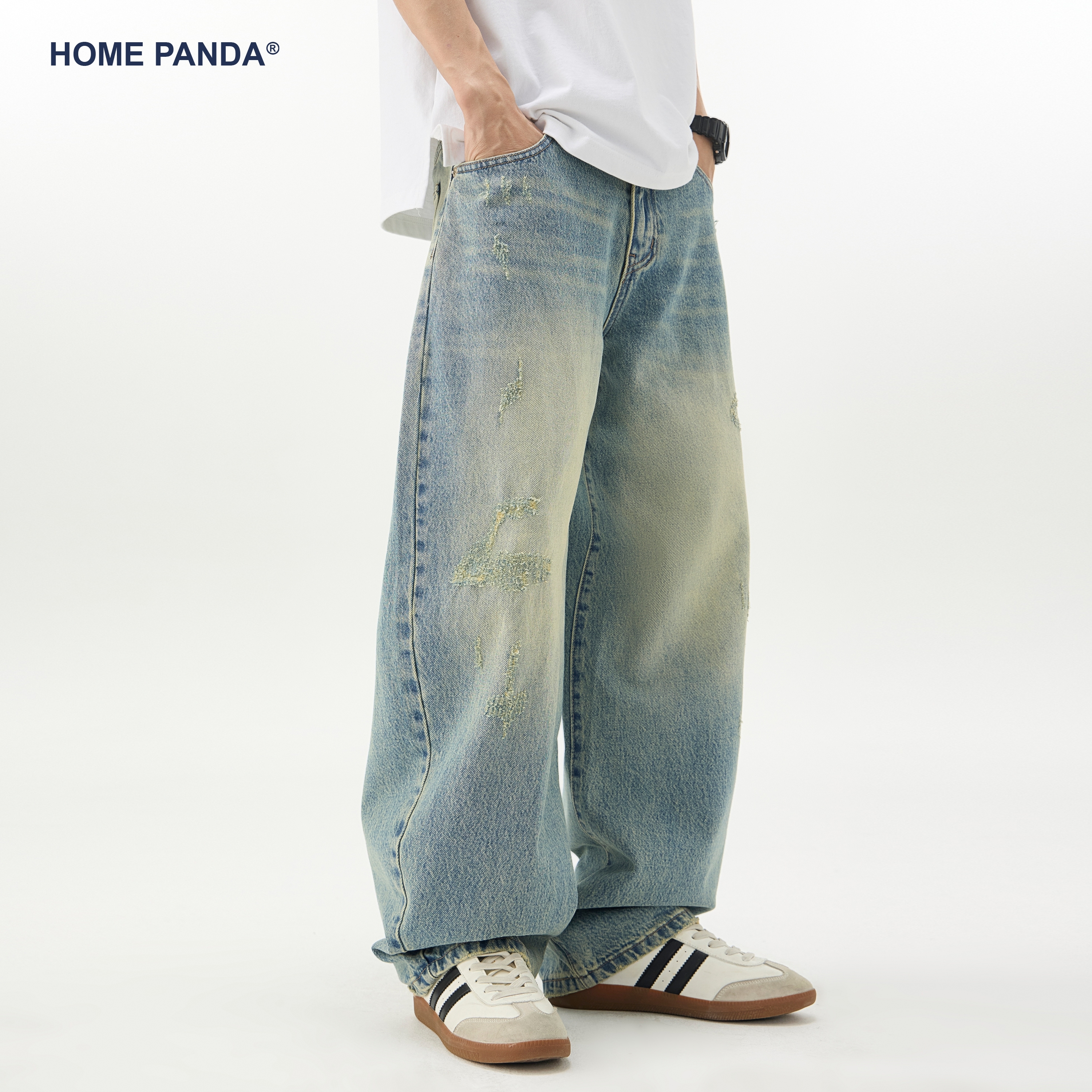 HomePanda复古做旧牛仔裤男春季美式baggy刮烂宽松直筒弯刀阔腿裤