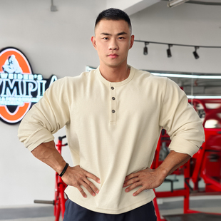 利剑复古纯色华夫格长袖亨利领男女同款老钱风针织衫宽松休闲内搭