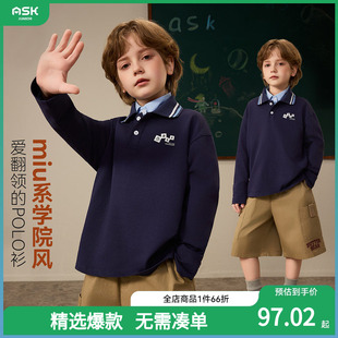童装 男童POLO领上衣中大童印花宽松长袖 新款 ask儿童T恤2026春季