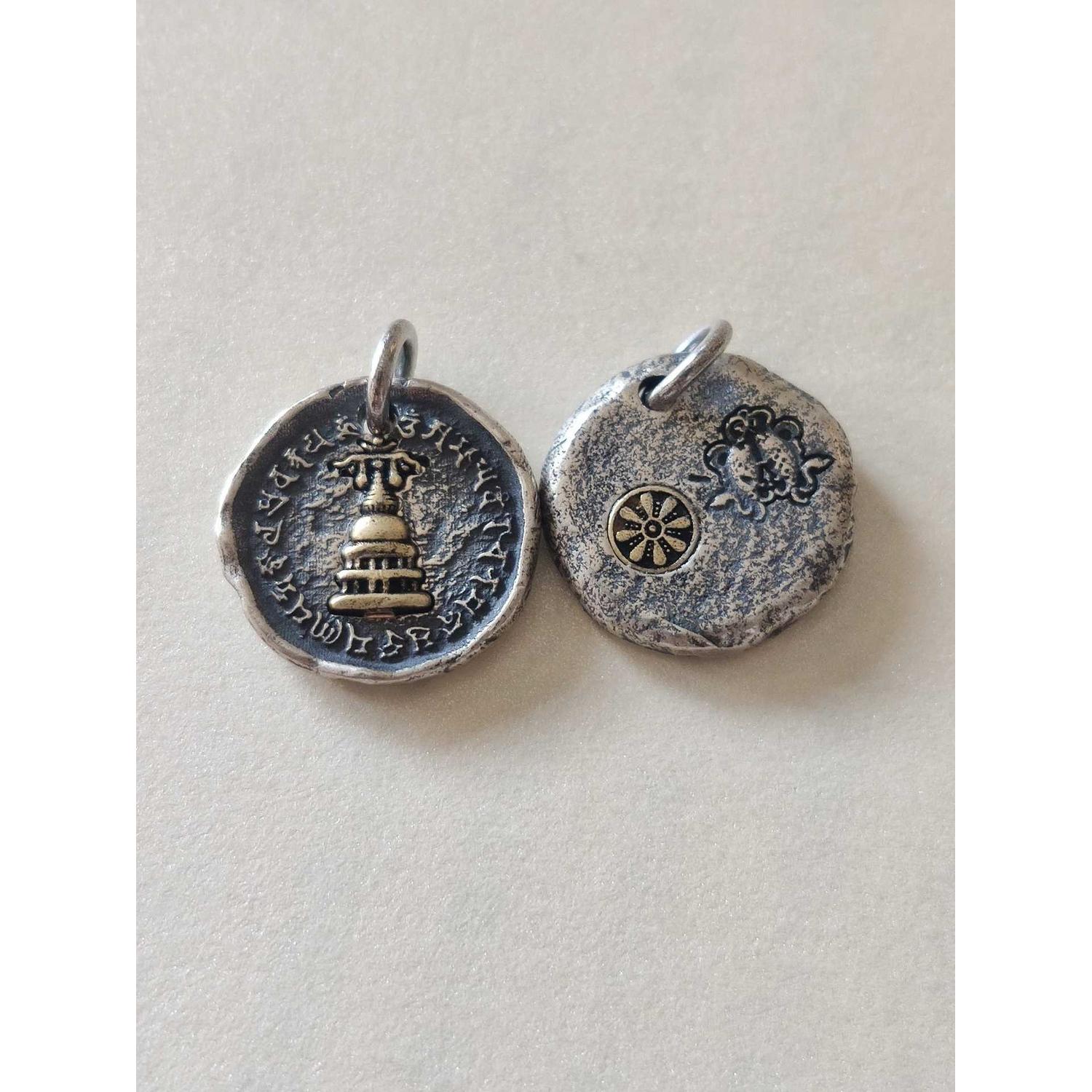 S925藏族吉祥多门塔吊坠卡子侧挂文玩噶当塔佛塔吊牌侧挂吊饰