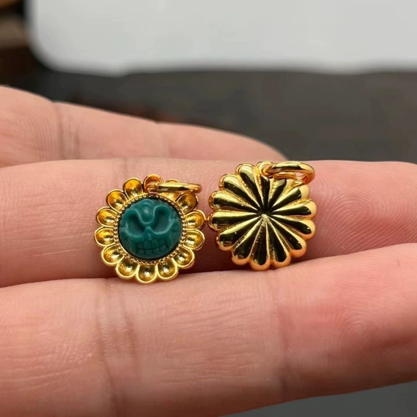 科技松太阳花雕刻侧挂925银镀金藏式文玩DIY小滴溜配饰配件新中式