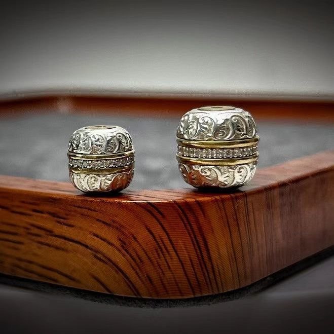 S925银手工篆刻镶嵌唐草纹汉堡珠文玩珠串配珠文玩配饰精品好物