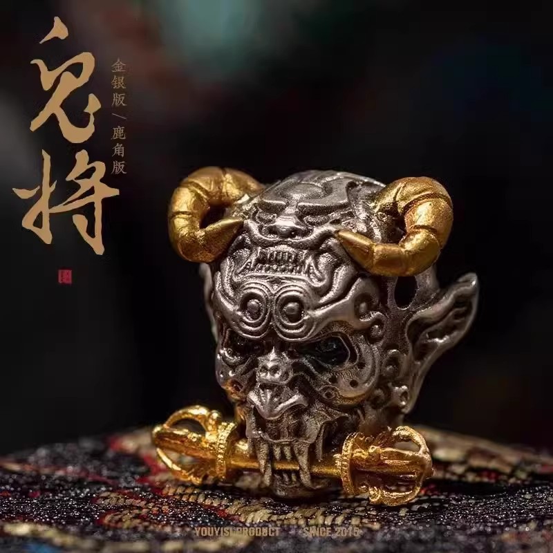 鬼将有意思出品原创文玩三通纯银镶金百香籽星月佛手三通佛头