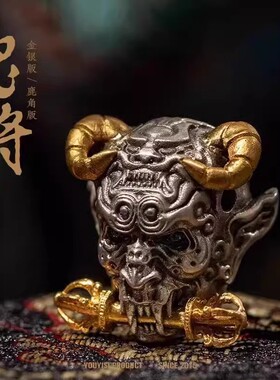 百香籽纯银镶金星月佛手三通佛头