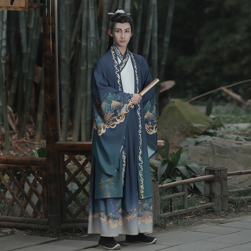 玉指捻晋制汉服男齐腰交领大袖衫