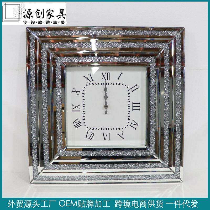 玻璃碎钻镜面正方形挂钟时钟客厅房间壁挂钟酒店静音现代简约时尚