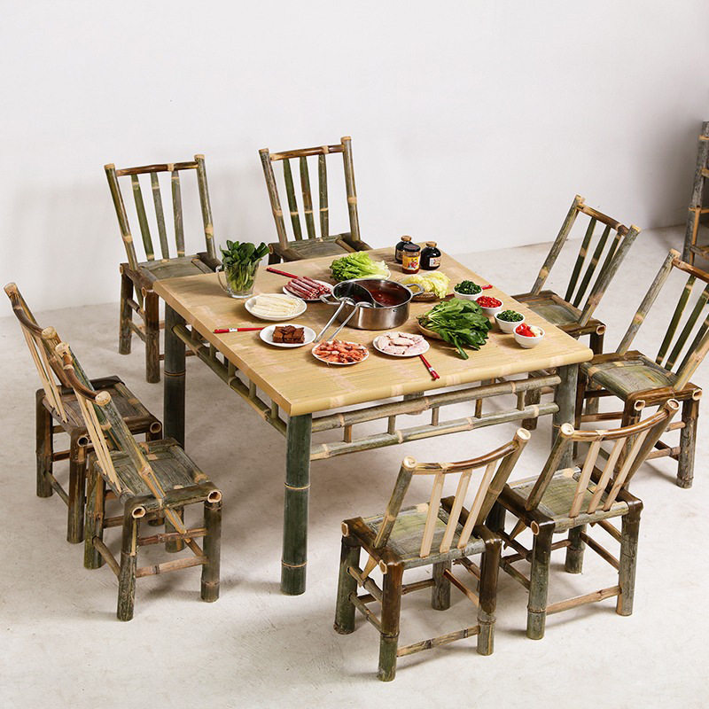 餐桌商用火锅桌中式复古竹桌椅组合简约现代正方桌子竹制餐饮家具