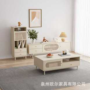 饰储物落地柜 北欧实木电视柜茶几组合家用客厅藤编电视边柜卧室装