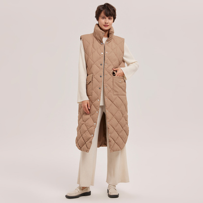 Lattelier菱格宽松绗缝羽绒马甲背心女中长款过膝保暖白鸭绒外套
