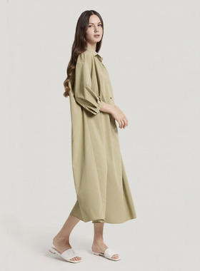 Gentle Herd 长垂褶皱连衣裙夏季新款衬衫领中长袖大码宽松长裙子