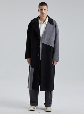 Dept Anonym男士毛呢大衣冬季新款撞色拼接纯羊毛中长款呢子外套