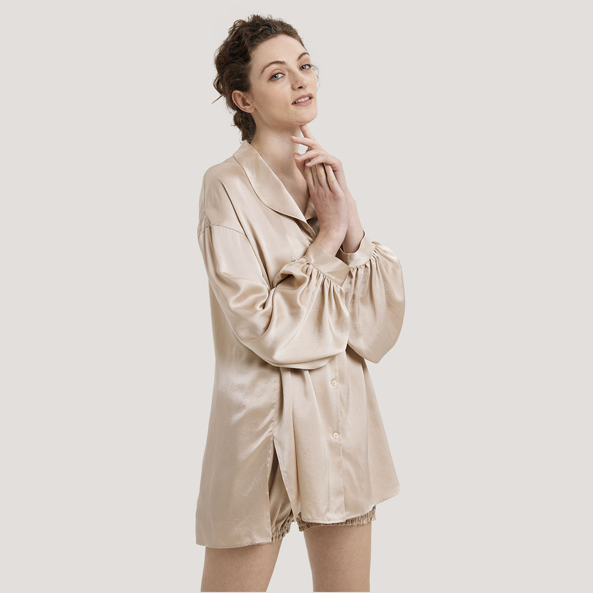 nap loungewear100%真丝休闲女家居服高级感长袖衬衫领斜开叉睡衣