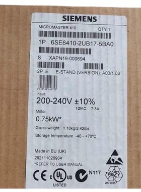 原装供应6SE6410-2UB17-5BA0 Micromaster 410 Inverter 7.5kW 1