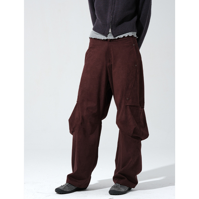 HSUSE曙色原创设计简约通勤弧形分割拼接大口袋麂皮工装裤秋冬女