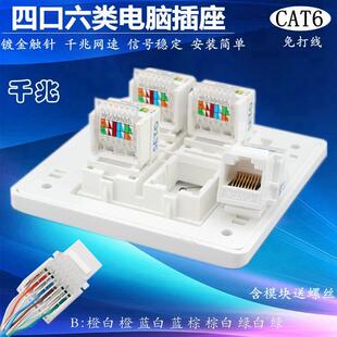 4位电脑模块 86型4口免打千兆六类网线插座面板 四口网络网口插座