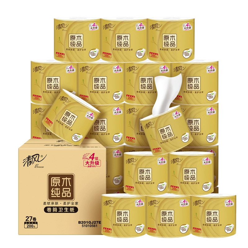 清风有芯卷纸金装4层200克27卷厕纸整箱手纸家用实惠装卷筒纸纸