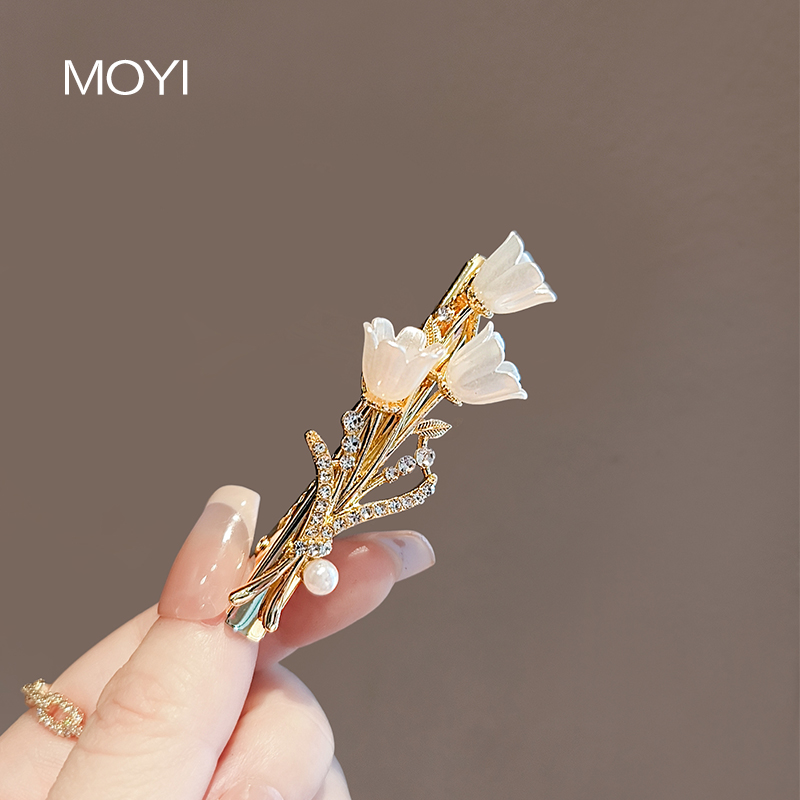 2025新款设计铃兰花发夹水钻珍珠鸭嘴夹侧边高级感刘海夹精致发卡