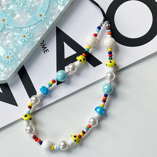 炫彩小蘑菇手机链百搭串珠手腕小挂绳网红博主ins风钥匙背壳挂件