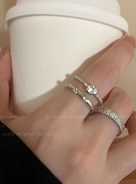 日式素圈锆石金属开口戒指套装女小众设计高级感食指戒简约冷淡风