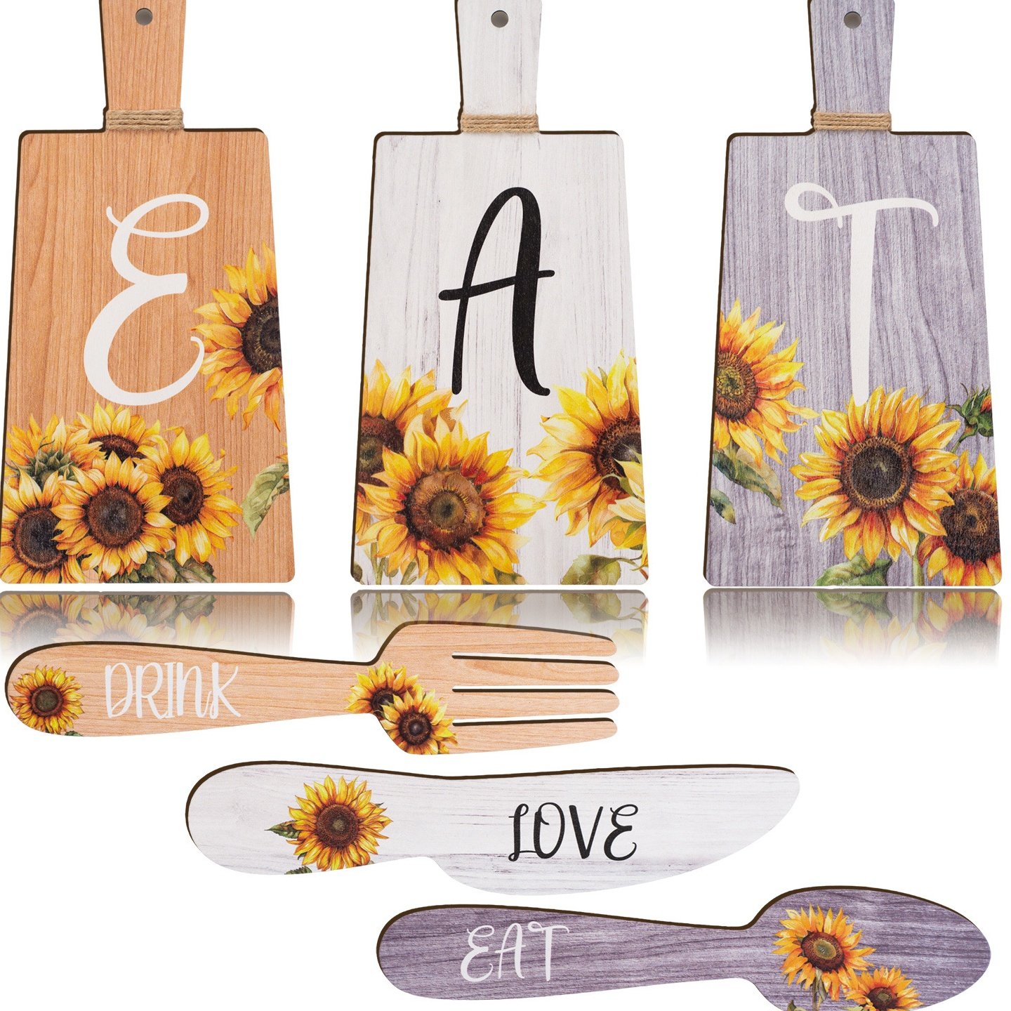 6 件套向日葵厨房装饰套装吃标志叉子和勺子木制厨房墙壁装饰挂牌,商业/办公家具,商用门牌/牌匾,淘宝优惠券,粉丝福利购,淘宝优惠卷