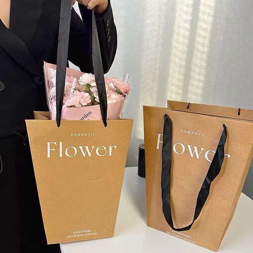 高质感梯形手提袋网红flower鲜花手提袋花束插花袋花艺礼品包装袋