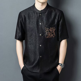 高级感桑蚕丝香云纱衬衫男新中式上衣短袖衣服男款潮流高级感