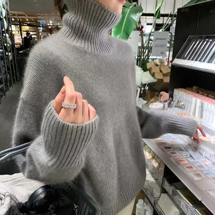 超细精纺100纯羊毛衫女厚款女打底衫宽松遮肚小个子长袖毛衣女式