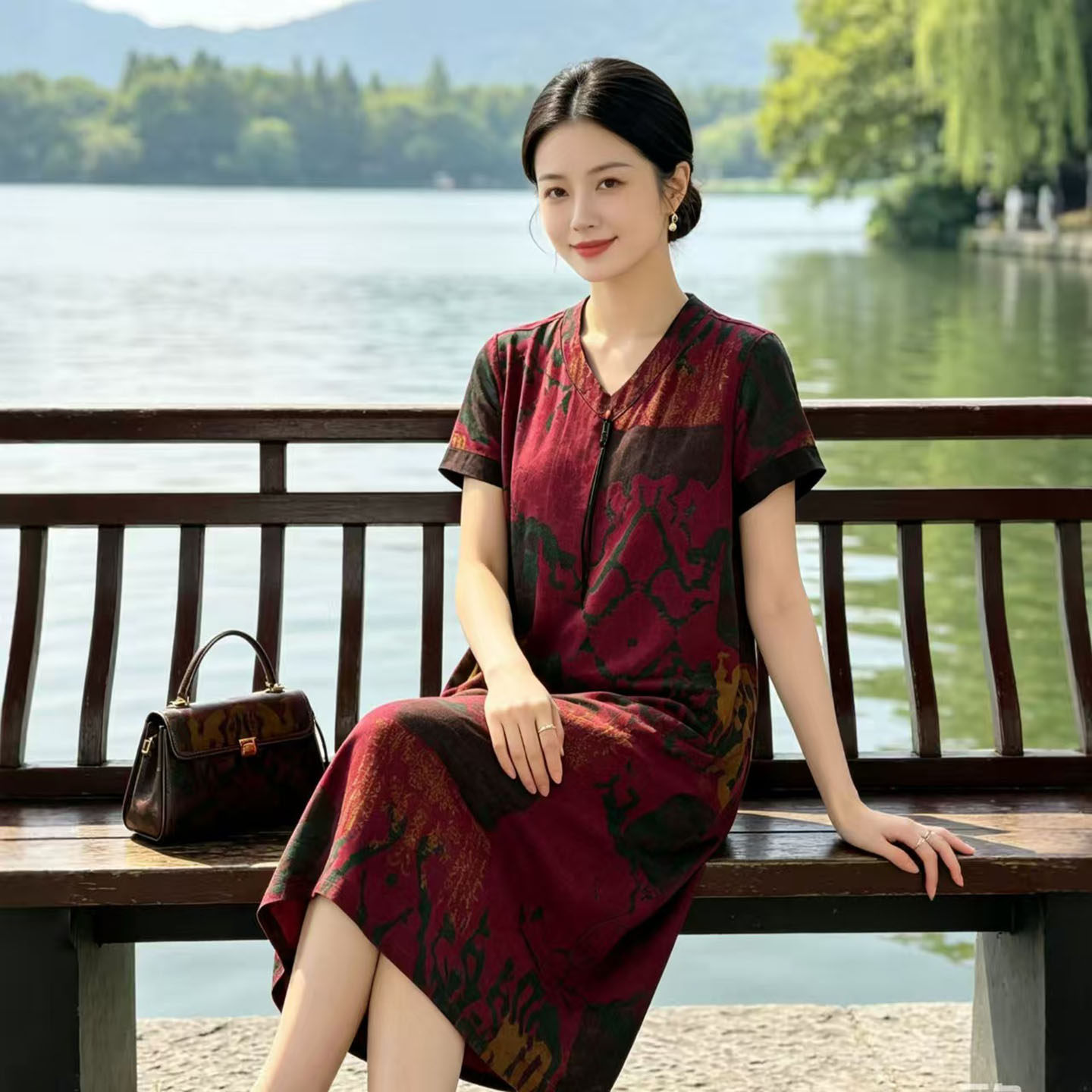 中年洋气妈妈真丝红云纱连衣裙中长款裙子轻奢高级感短袖夏装衣服