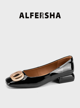 阿芙莎黄奕代言88818新款百搭聚会时尚单鞋金属扣方头中跟女鞋B