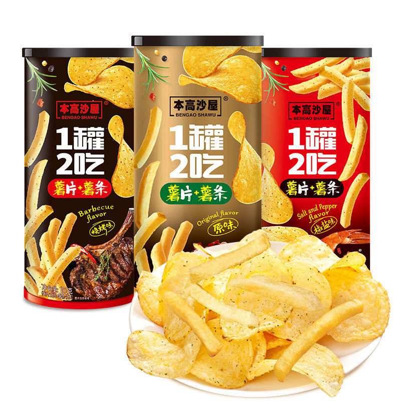 本高沙屋原切薯片加薯条101g 一罐两吃椒盐烧烤原味膨化休闲零食图片