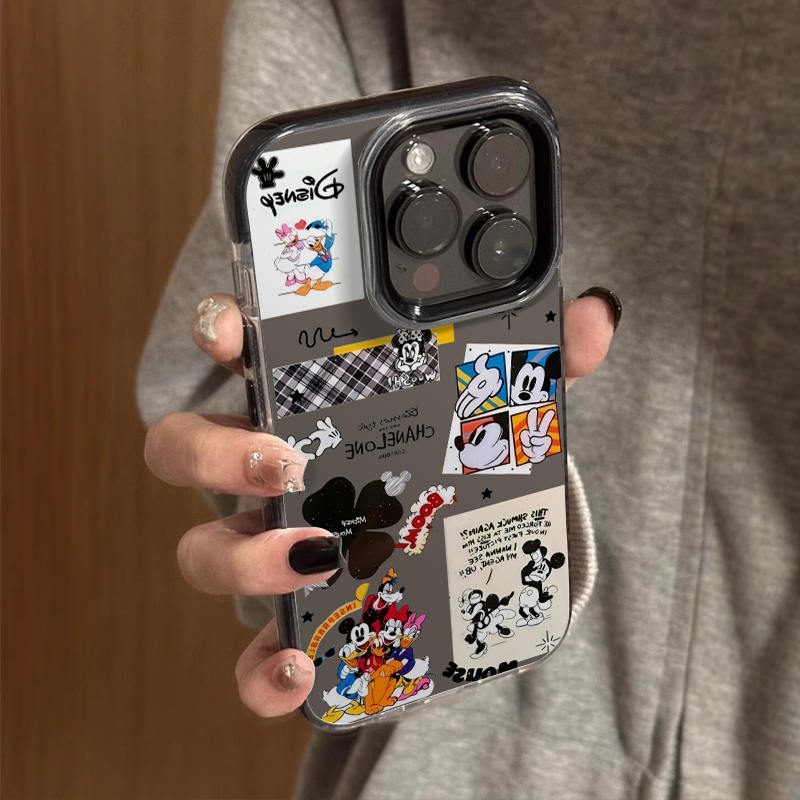 可爱卡通米奇米妮拼接适用苹果16promax全包边防摔15pro小众高级感iPhone14创意女生13黑边手机壳12不撞款11