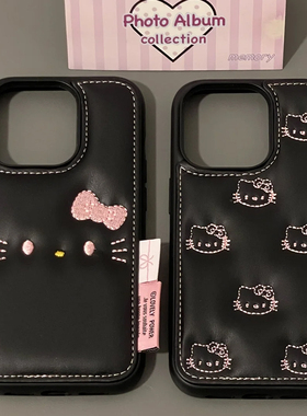 适用苹果16promax新款iPhone15黑色皮质kitty手机壳女14可爱卡通凯蒂猫13日韩ins小众hellokitty创意全包防摔