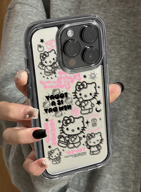 ins暗黑风kitty猫适用苹果华为手机壳16promax全包边防摔15pro小众高级感镜面iPhone1314女生pura70mate60