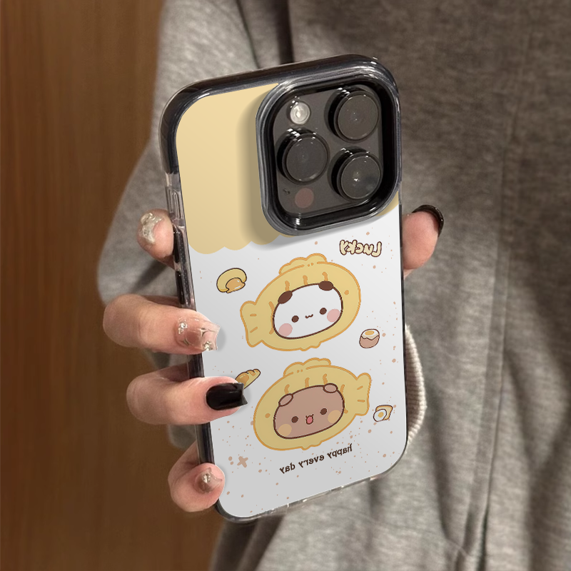 可爱卡通一二布布适用苹果16promax全包边防摔15pro小众高级感iPhone14创意女生13黑边手机壳12不撞款11撞色