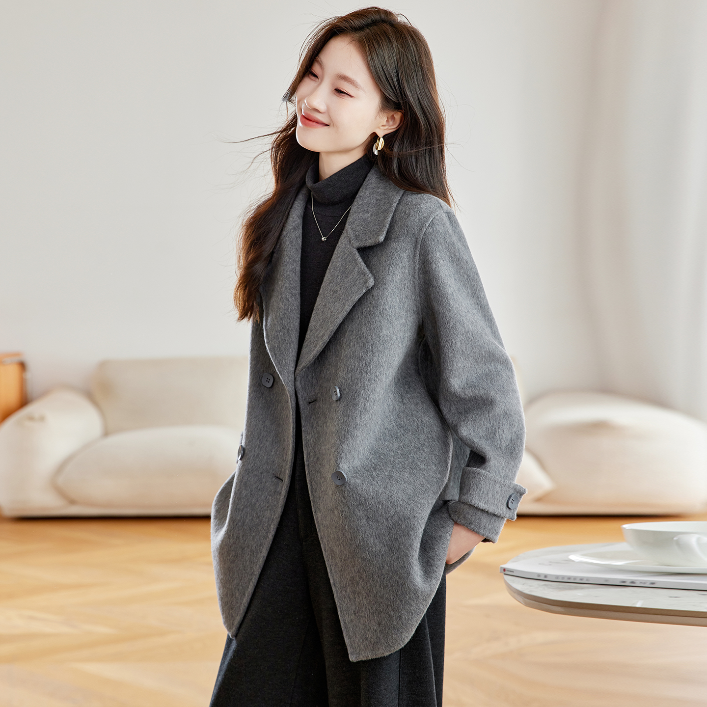 双面羊绒毛呢外套女高级羊毛大衣