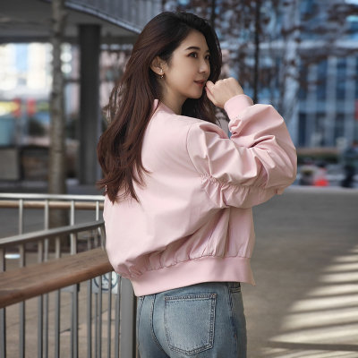 棒球服外套女春秋短款夹克粉上衣