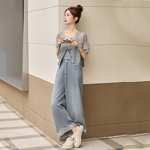 時尚 蕾絲拼接牛仔褲 薄款 2025新款 女夏季 闊腿褲 韓版 休閑三件套 套裝