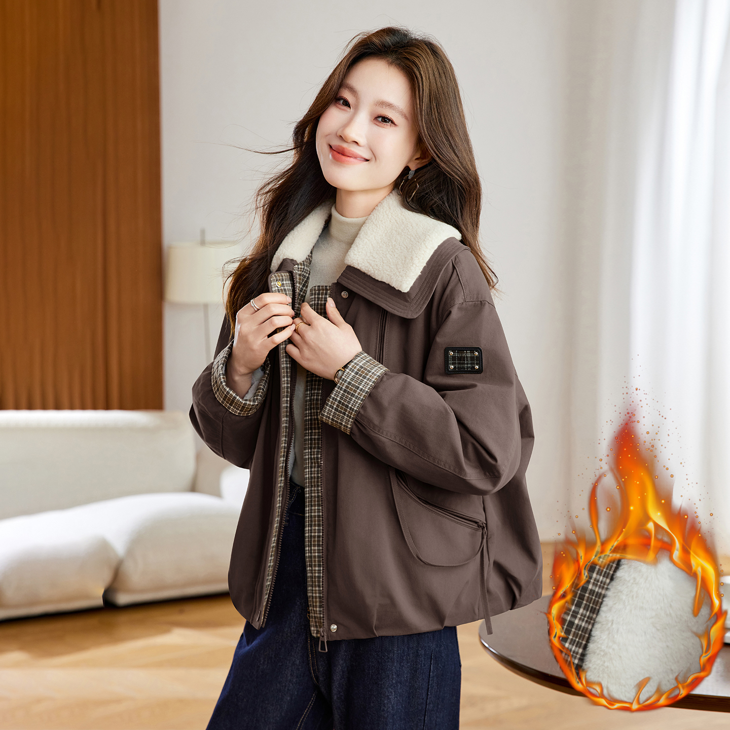 复古翻领巨好看的厚外套加绒加厚