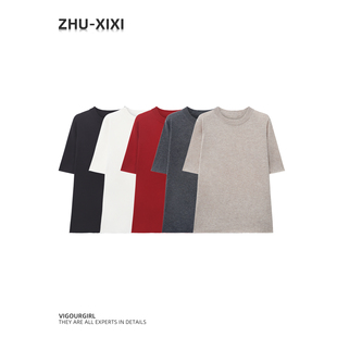 祝喜喜【针织调色盘】冬季羊绒纯色中长款圆领短袖针织打底衫时尚