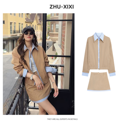 祝喜喜【蓝调卡其】春夏复古假两件衬衫拼接外套短裙气质宽松套装