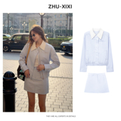 裙套装 祝喜喜 复古Polo领撞色夹克宽松显瘦时尚 春款 蓝调白领