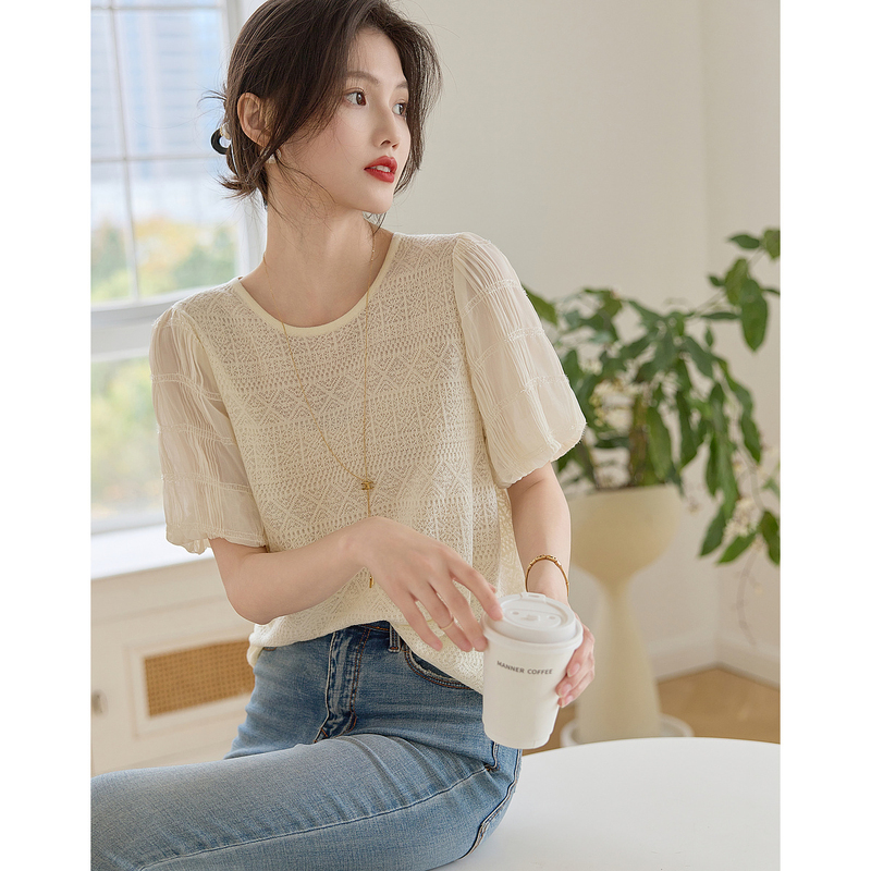法式气质套头衫2024春夏款时尚圆领灯笼袖T恤轻盈透气短袖针织衫