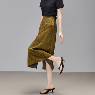 新中式国风提花半身裙2025春新款通勤高腰设计感侧开叉中场a字裙