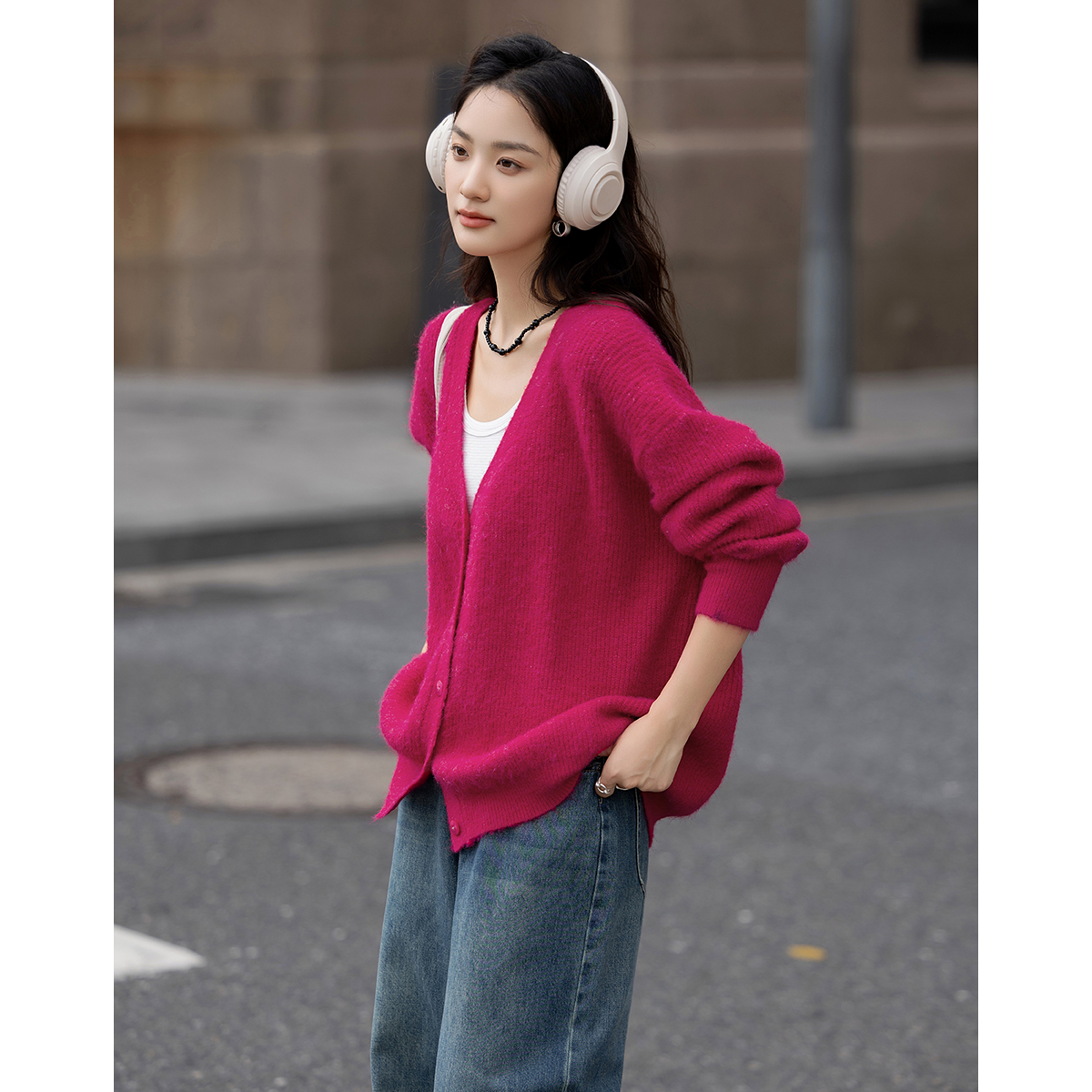 德玛纳V领开门襟长袖针织衫