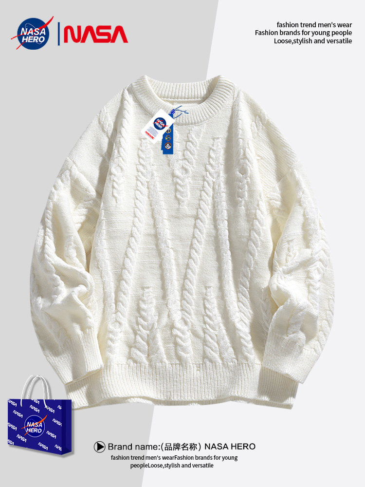 NASAHERO 가을과 겨울 느슨한 게으른 스타일 바닥 스웨터 소년과 소녀 커플을위한 흰색 풀오버 트위스트 스웨터