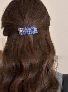 小香风发夹蓝色格子布艺褶皱BB夹气质百搭侧边夹刘海夹时尚发夹女
