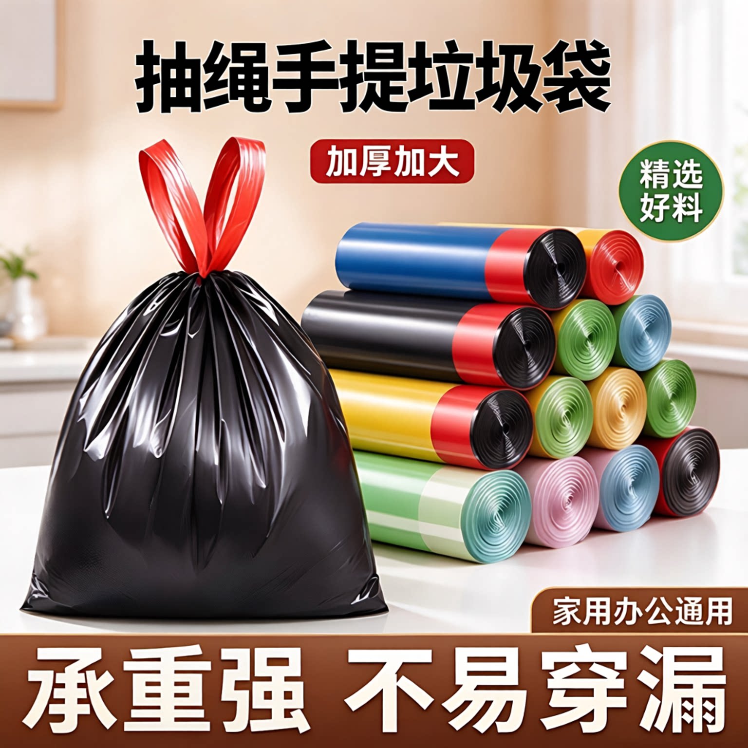 加厚垃圾大号袋厨房宿舍办公室通用耐用垃圾袋抽绳手提式塑料袋