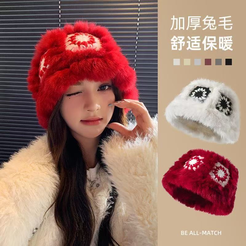 新年圣诞红色针织帽子女兔毛醒狮帽秋冬季护耳毛绒渔夫帽
